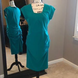 BCBG Teal Ruched Square neckline Dress